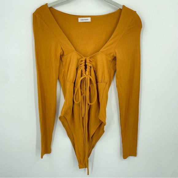 Iamnotbasic Tina bodysuit mustard orange I am not basic strappy ties Sz L - Picture 2 of 6